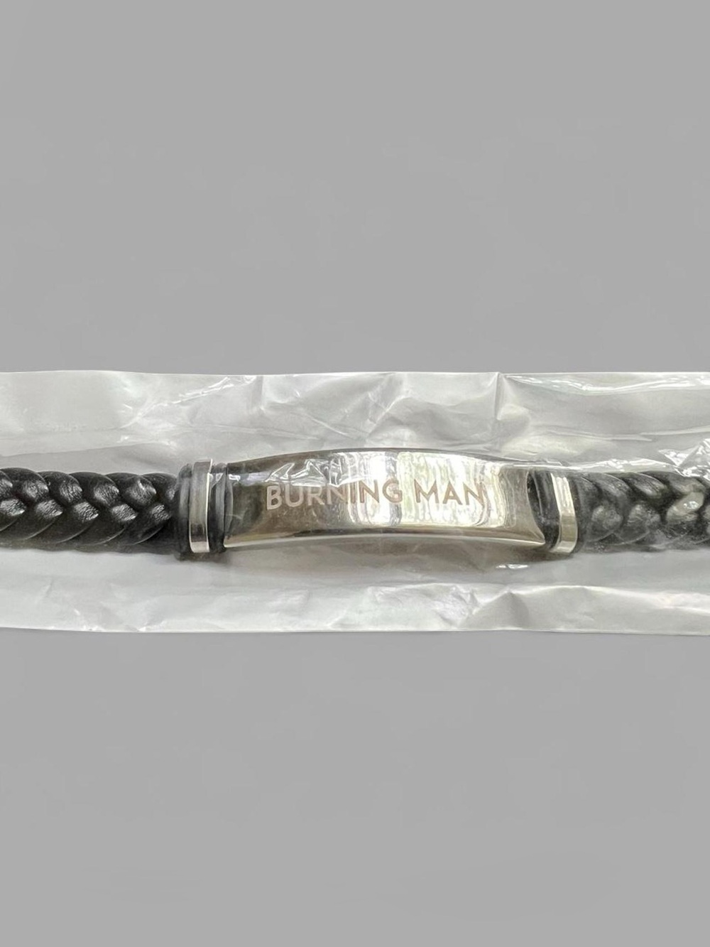Burning Man Black Braided Leather Bracelet with Stainless Steel Plate & Clasp
